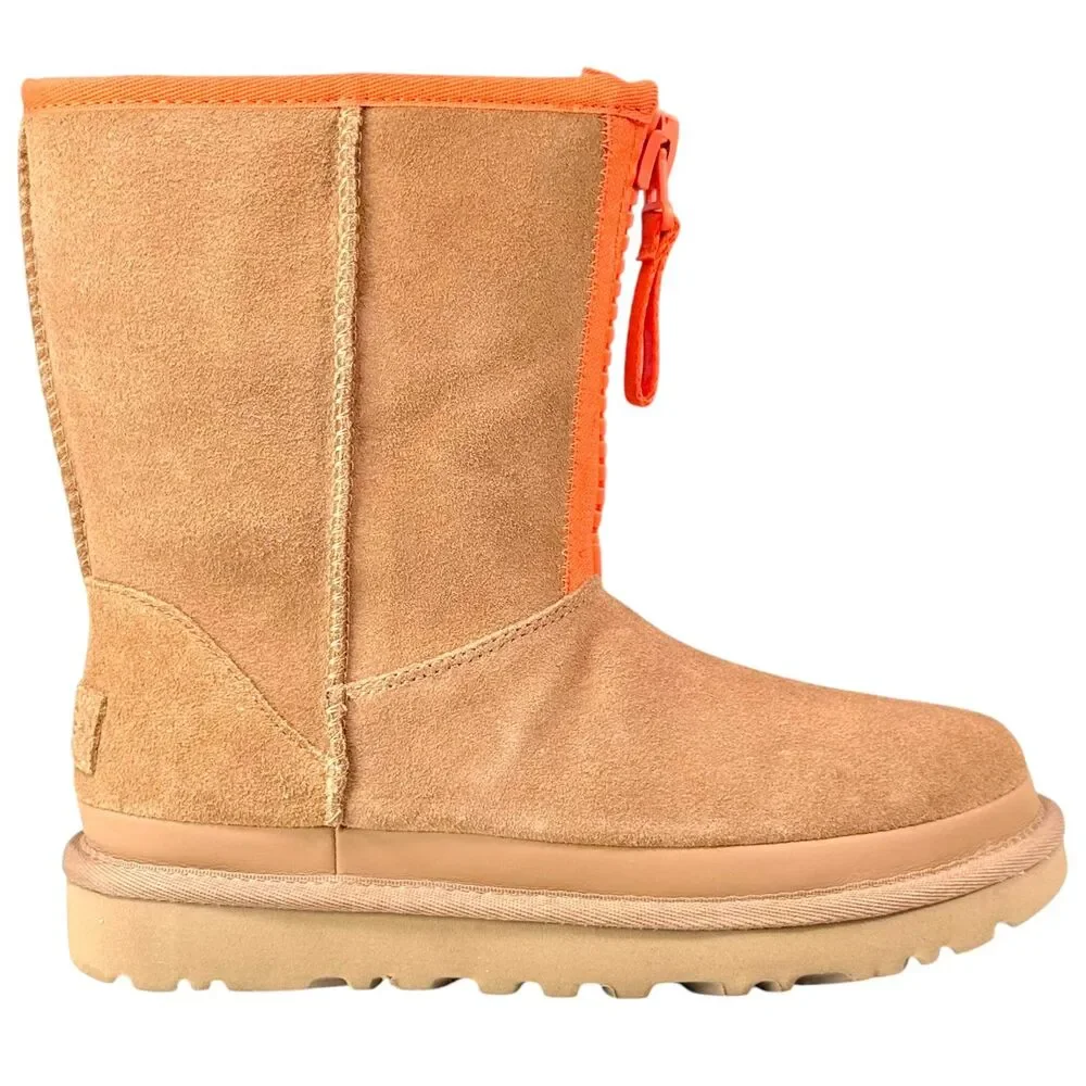 UGG Classic Short Zipper Tape Logo Boots Womens 5 Chestnut Sheepskin Winter